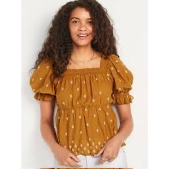Old Navy Gold Puff Sleeve Smocked Embroidered Babydoll Blouse Plus Size XXL - Picture 1 of 7